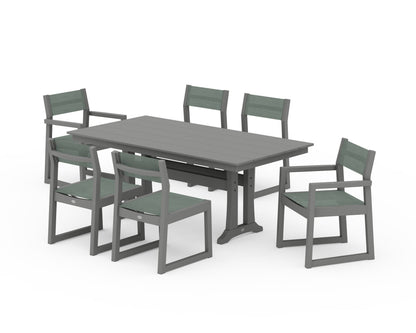 POLYWOOD® EDGE Sling 7-Piece Farmhouse Trestle Dining Set in Slate Grey / Dupioni Sea Mist Sling
