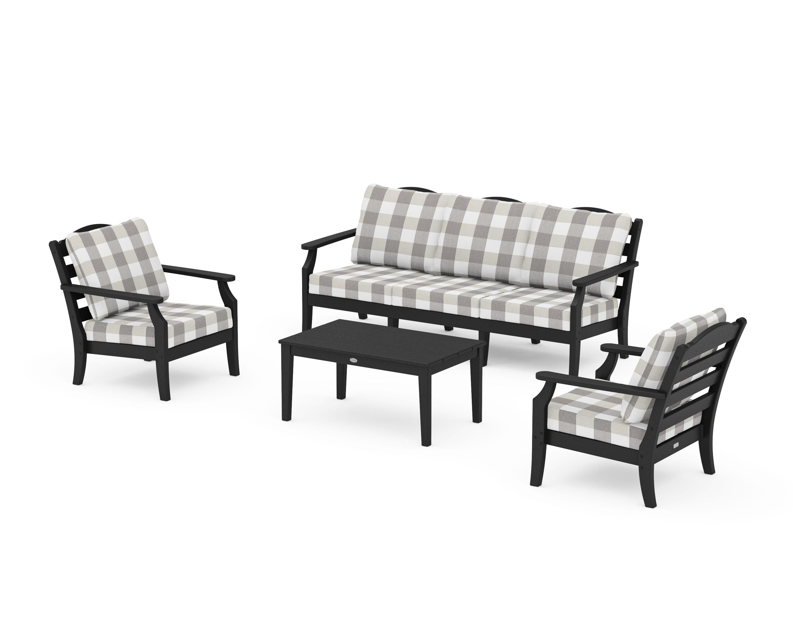 Draper James™ by  POLYWOOD® Savannah 4-Piece Deep Seating Set with Sofa in Black / Buffalo Plaid Grey Mist