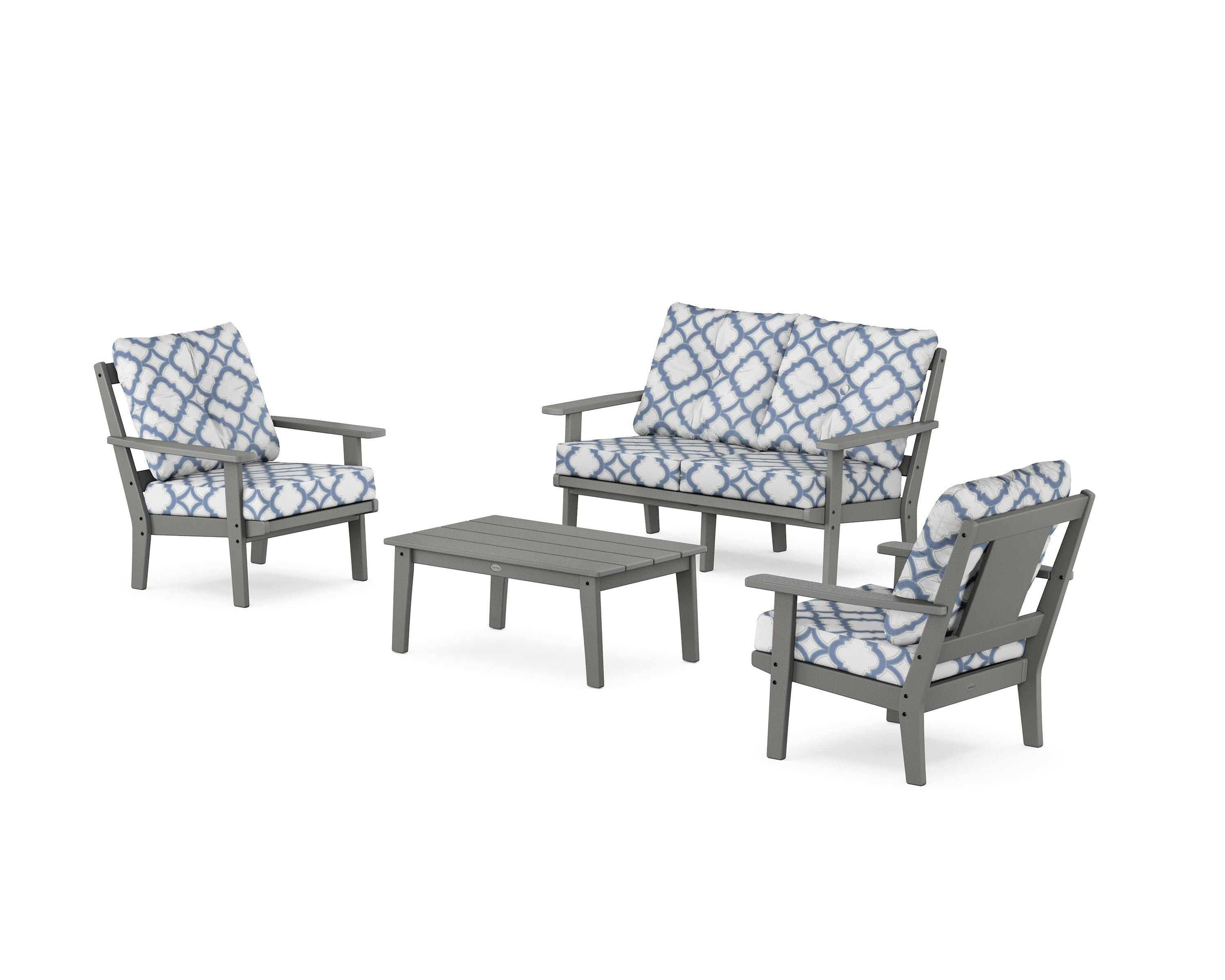 POLYWOOD® Prairie 4-Piece Deep Seating Set with Loveseat in Slate Grey / Trellis Sky Blue