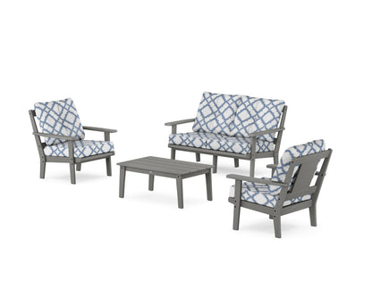 POLYWOOD® Prairie 4-Piece Deep Seating Set with Loveseat in Slate Grey / Trellis Sky Blue