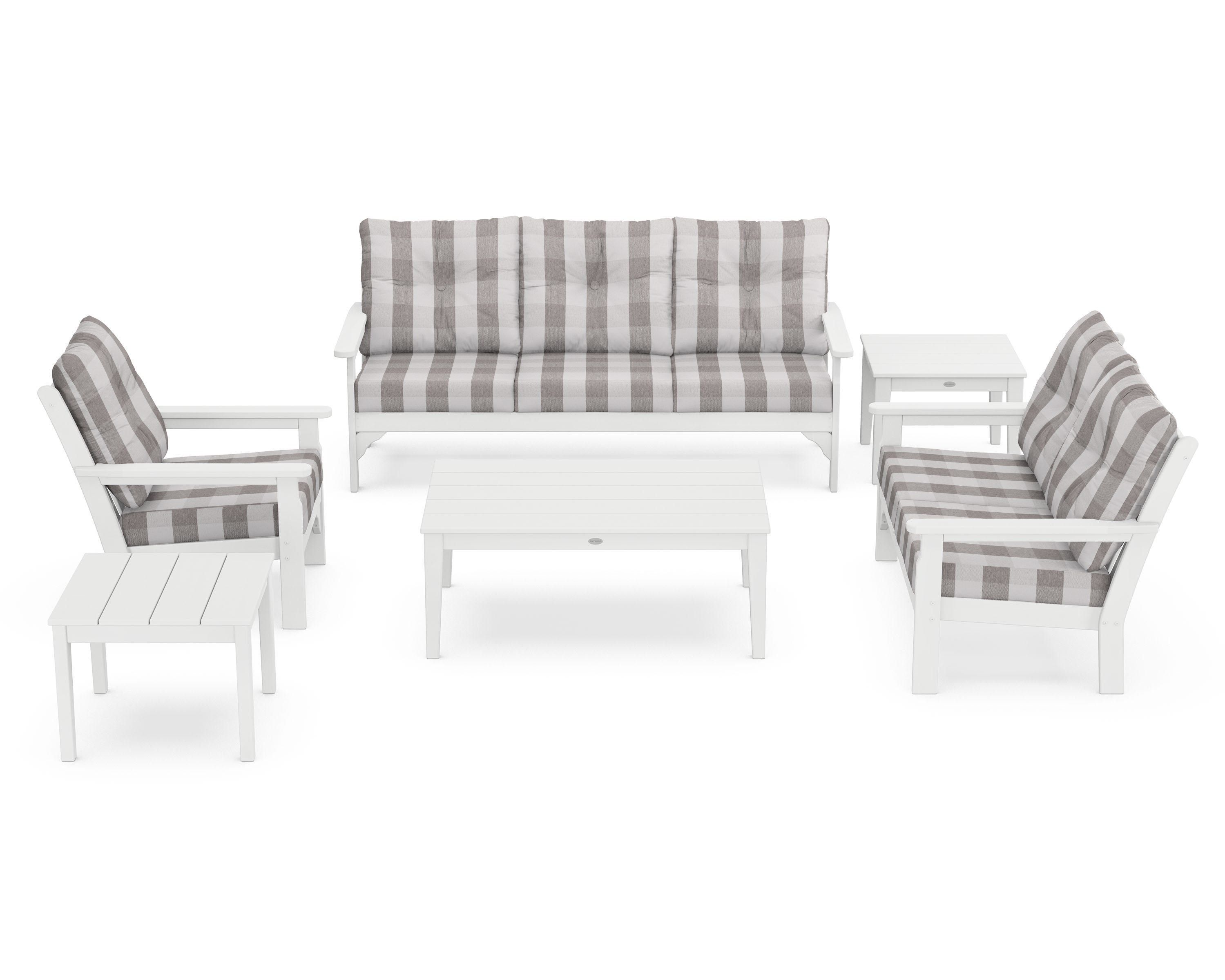 POLYWOOD® Vineyard 6-Piece Deep Seating Set in White / Buffalo Plaid Grey Mist