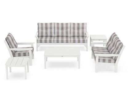 POLYWOOD® Vineyard 6-Piece Deep Seating Set in White / Buffalo Plaid Grey Mist