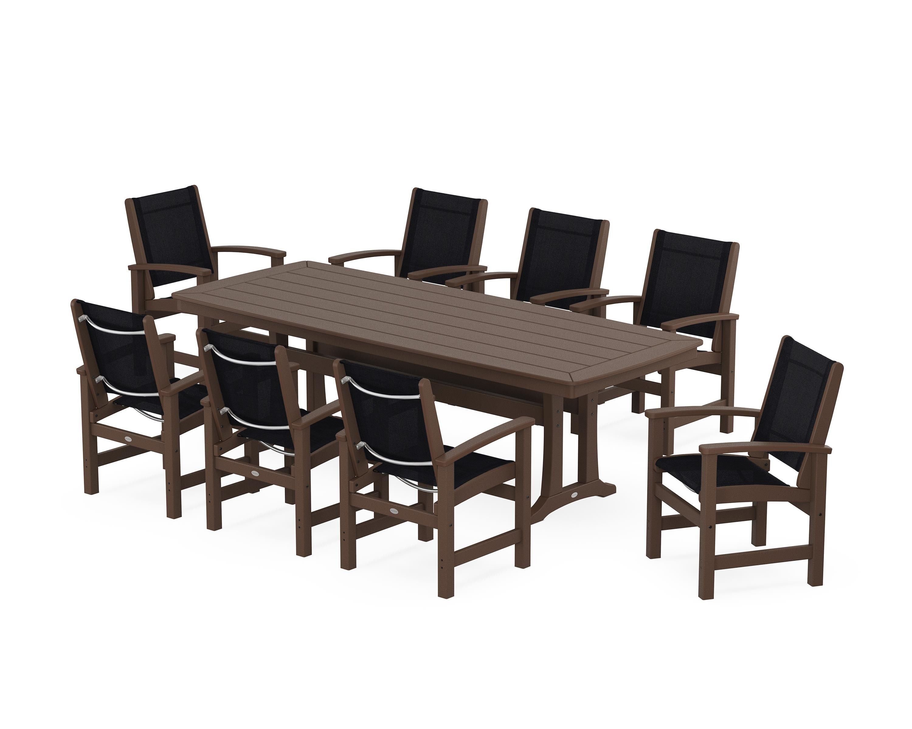 POLYWOOD® Coastal 9-Piece Dining Set with Trestle Legs in Mahogany / Black Sling