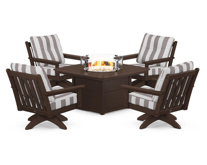 POLYWOOD® Vineyard 5-Piece Deep Seating Swivel Conversation Set with Fire Pit Table in Mahogany / Cabana Stripe Grey Mist