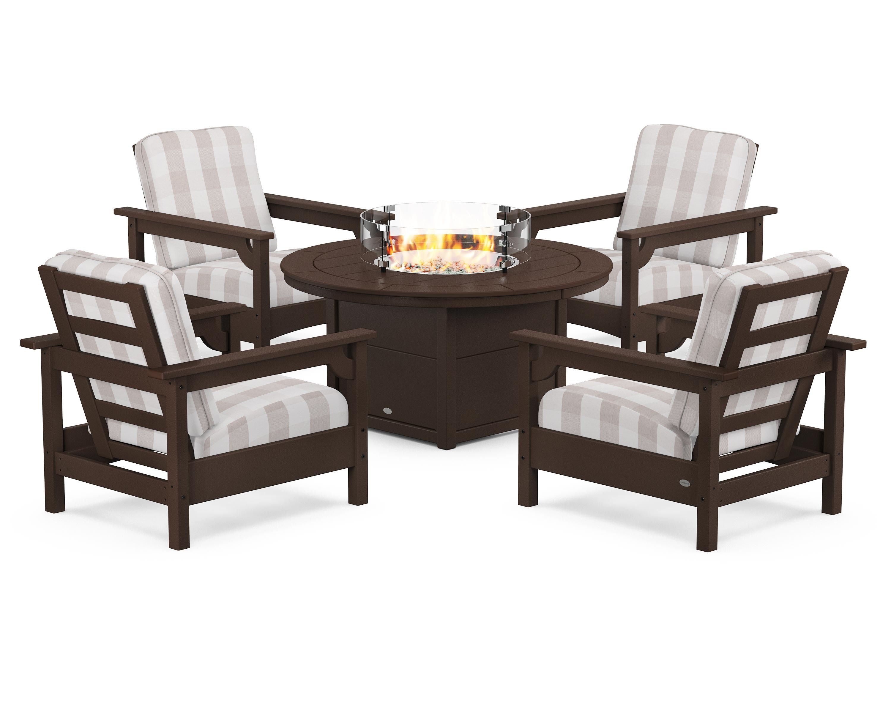 POLYWOOD® Club 5-Piece Conversation Set with Fire Pit Table in Mahogany / Buffalo Plaid Dune Burlap