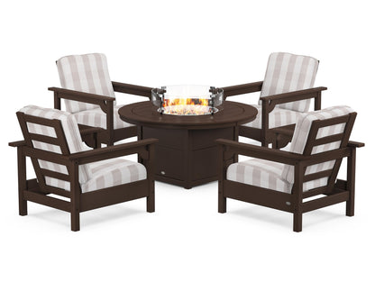 POLYWOOD® Club 5-Piece Conversation Set with Fire Pit Table in Mahogany / Buffalo Plaid Dune Burlap