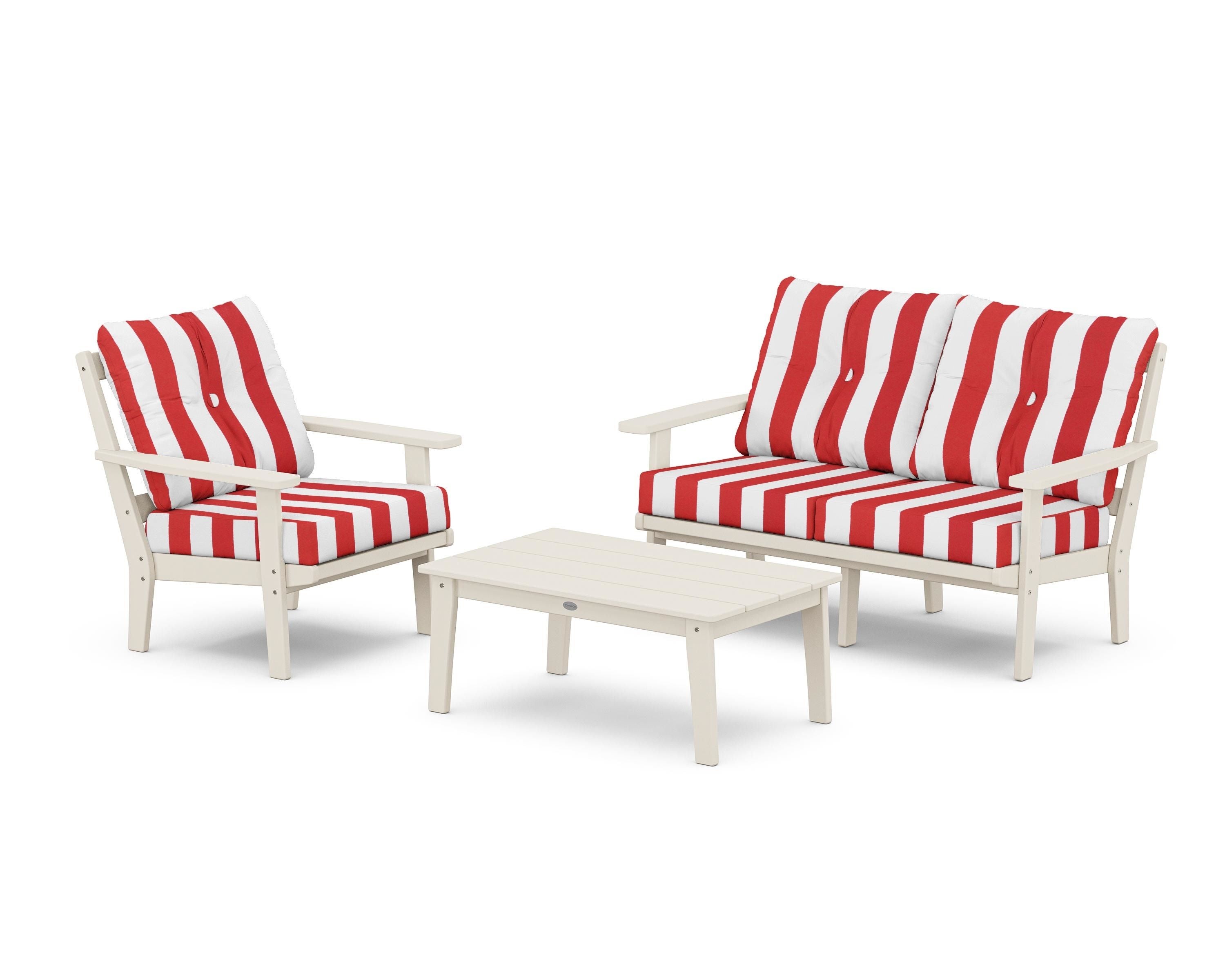 POLYWOOD® Oxford 3-Piece Deep Seating Set with Loveseat in Sand / Cabana Stripe Crimson