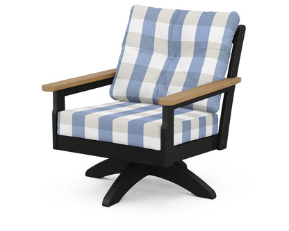 POLYWOOD® Vineyard Deep Seating Swivel Chair in Black / Natural / Buffalo Plaid Sky Blue