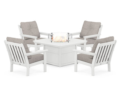 POLYWOOD® Vineyard 5-Piece Conversation Set with Fire Pit Table in White / Weathered Tweed