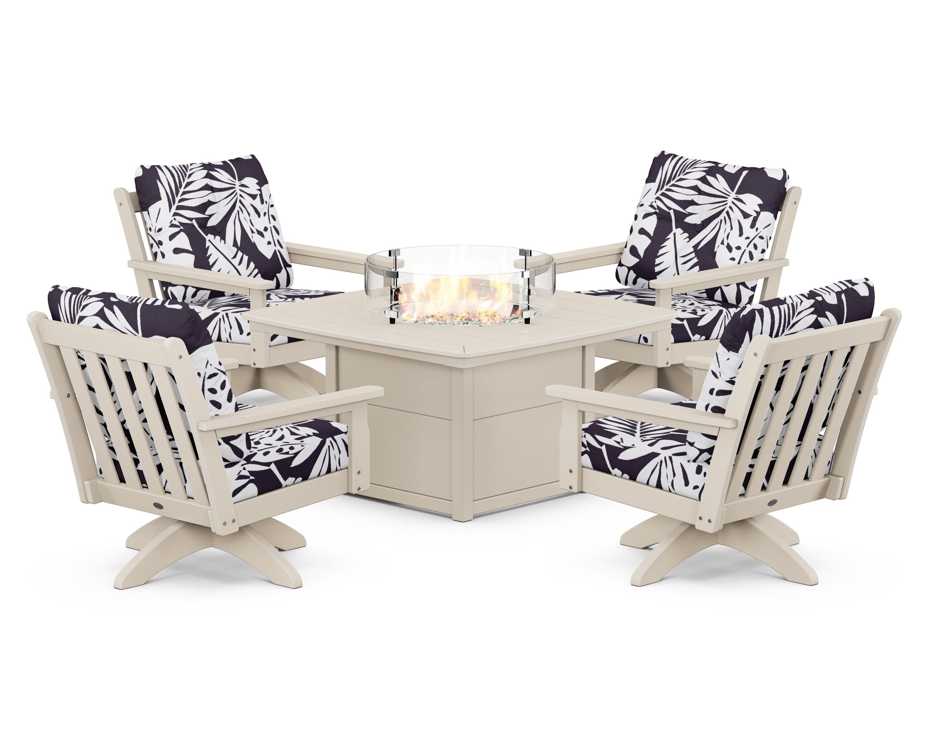 POLYWOOD® Vineyard 5-Piece Deep Seating Swivel Conversation Set with Fire Pit Table in Sand / Leaf Navy
