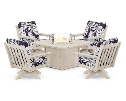 POLYWOOD® Vineyard 5-Piece Deep Seating Swivel Conversation Set with Fire Pit Table in Sand / Leaf Navy