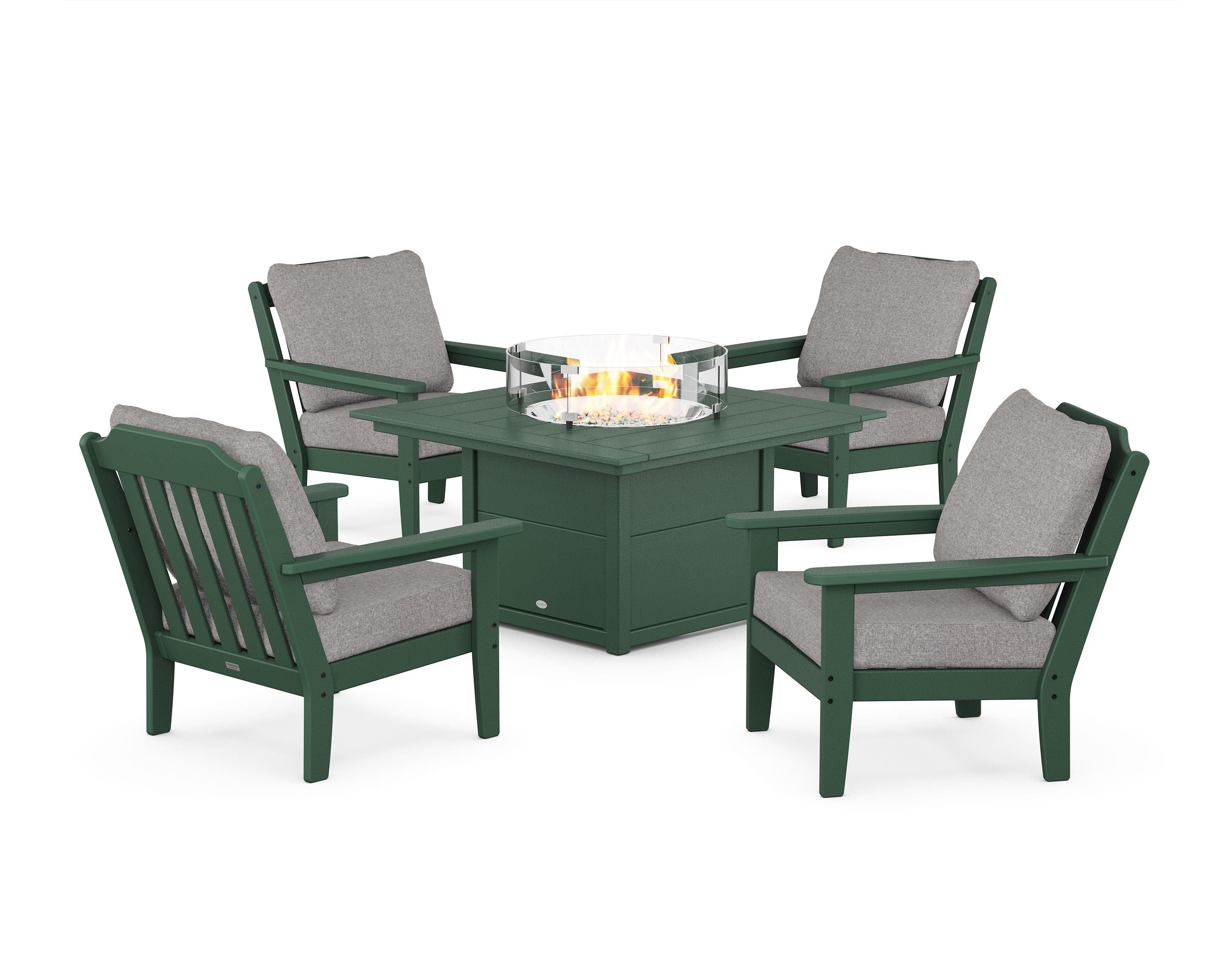 Country Living Cottage 5-Piece Deep Seating Set with Fire Pit Table in Green / Grey Mist