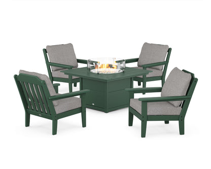 Country Living Cottage 5-Piece Deep Seating Set with Fire Pit Table in Green / Grey Mist