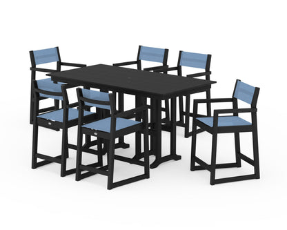 POLYWOOD® EDGE Sling Arm Chair 7-Piece Farmhouse Counter Set in Black / Poolside Sling