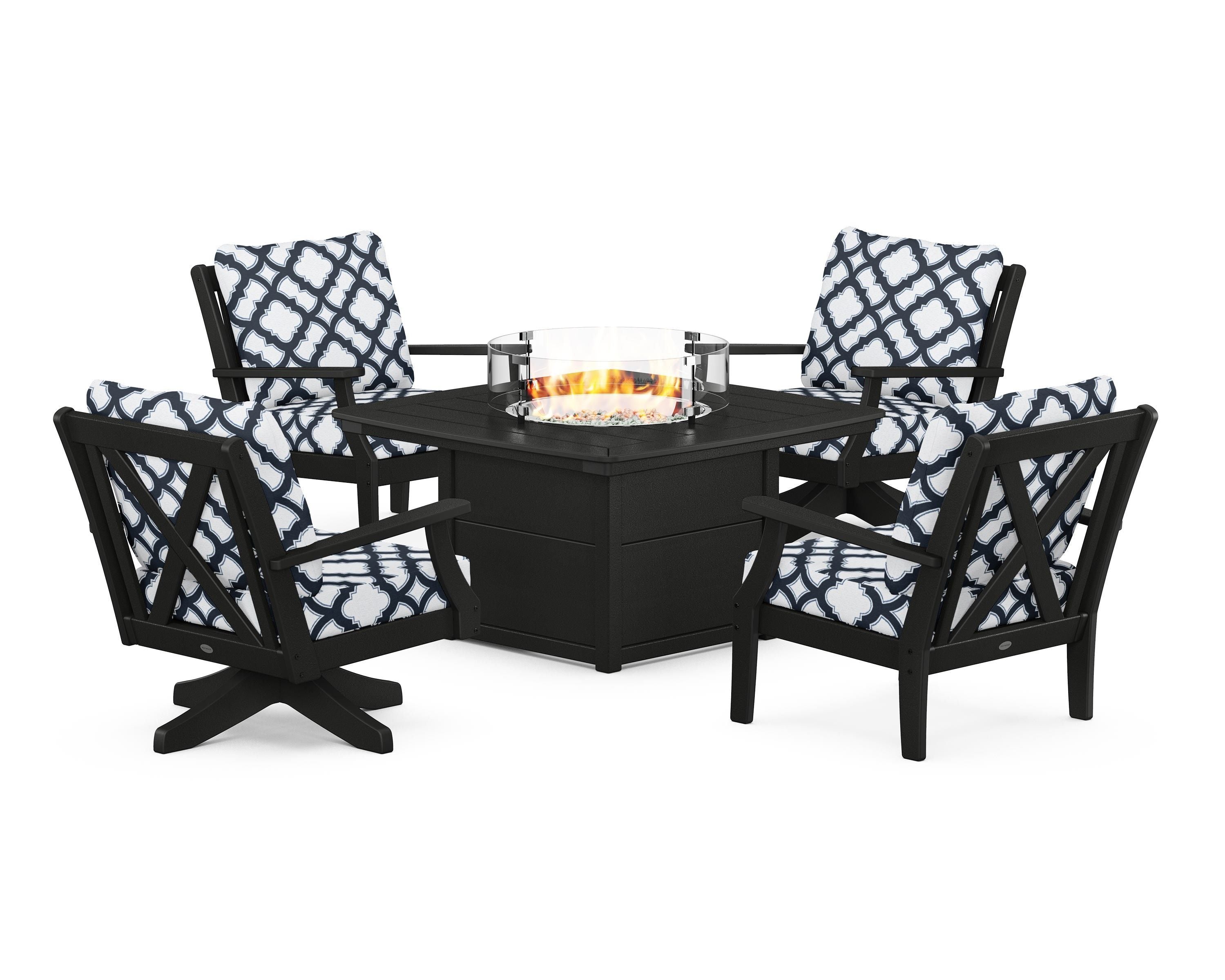 POLYWOOD® Braxton 5-Piece Deep Seating Set with Fire Table in Black / Trellis Marine Indigo