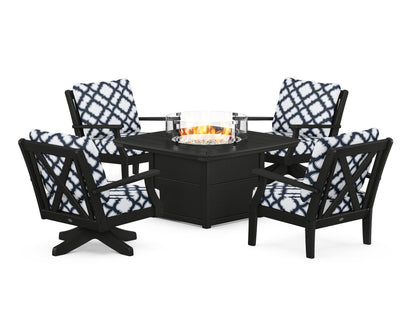 POLYWOOD® Braxton 5-Piece Deep Seating Set with Fire Table in Black / Trellis Marine Indigo