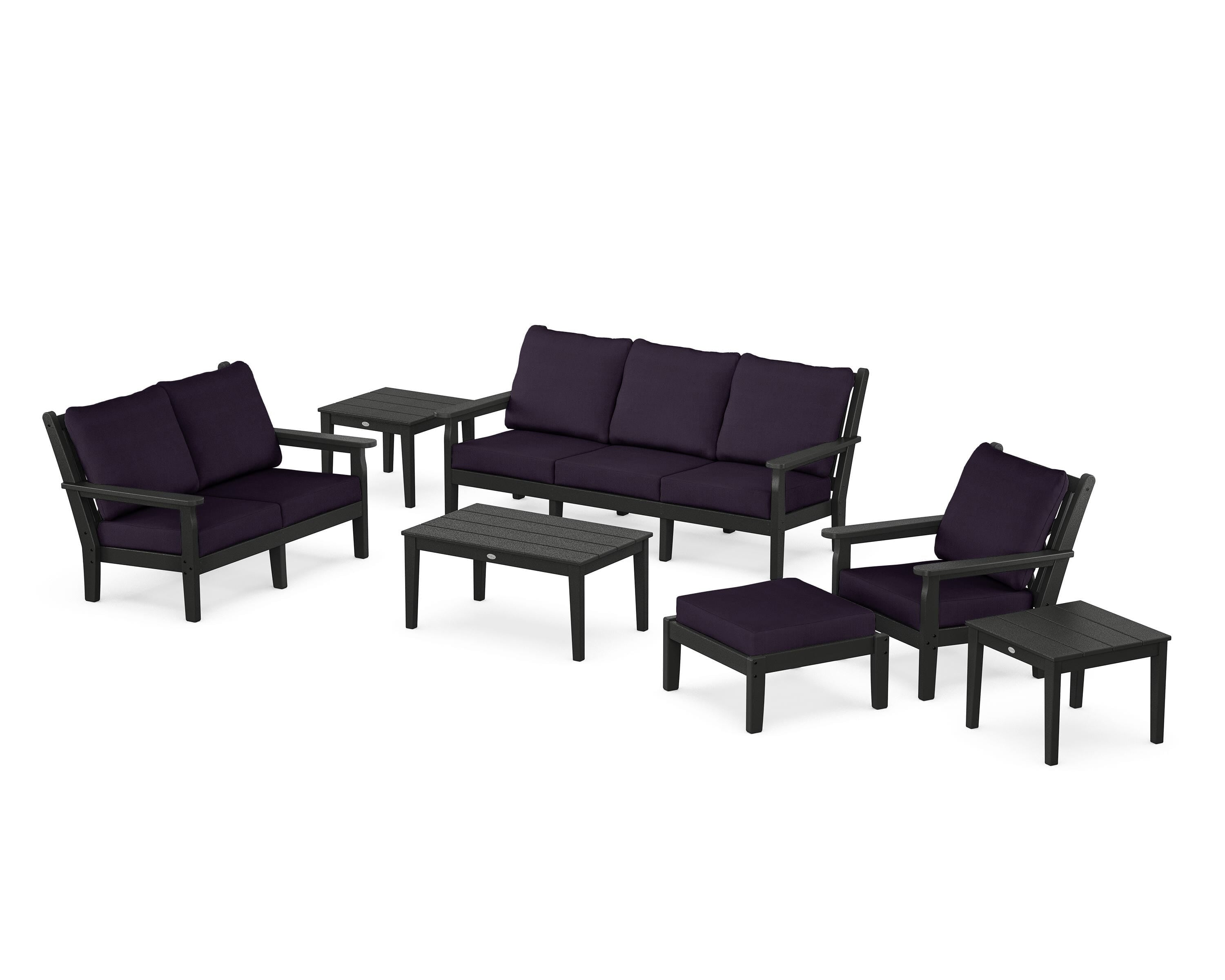 POLYWOOD® Chippendale 7-Piece Deep Seating Set in Black / Navy Linen