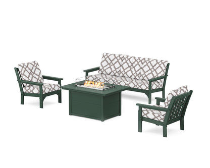 POLYWOOD® Vineyard Deep Seating Fire Pit Table Set in Green / Trellis Grey Mist