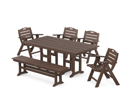 POLYWOOD® Nautical Lowback 6-Piece Farmhouse Dining Set with Bench in Mahogany