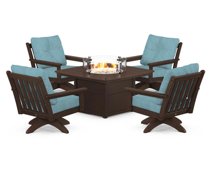 POLYWOOD® Vineyard 5-Piece Deep Seating Swivel Conversation Set with Fire Pit Table in Mahogany / Lattice Sky Blue