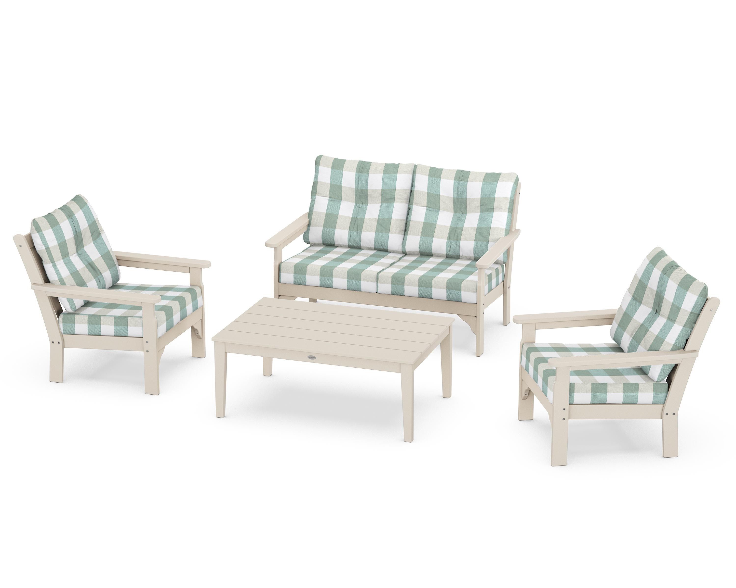 POLYWOOD® Vineyard 4-Piece Deep Seating Set in Sand / Buffalo Plaid Glacier Spa
