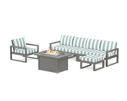 POLYWOOD® EDGE Sectional Lounge and Fire Pit Set in Slate Grey / Cabana Stripe Glacier Spa