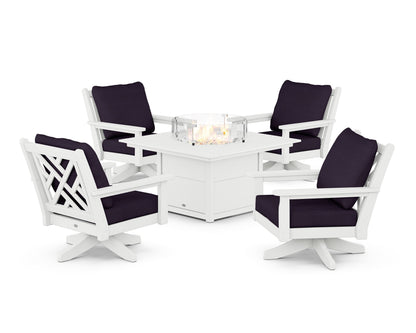 POLYWOOD® Chippendale 5-Piece Deep Seating Swivel Conversation Set with Fire Pit Table in White / Navy Linen