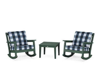 POLYWOOD® Chippendale 3-Piece Deep Seating Rocker Set in Green / Buffalo Plaid Marine Indigo