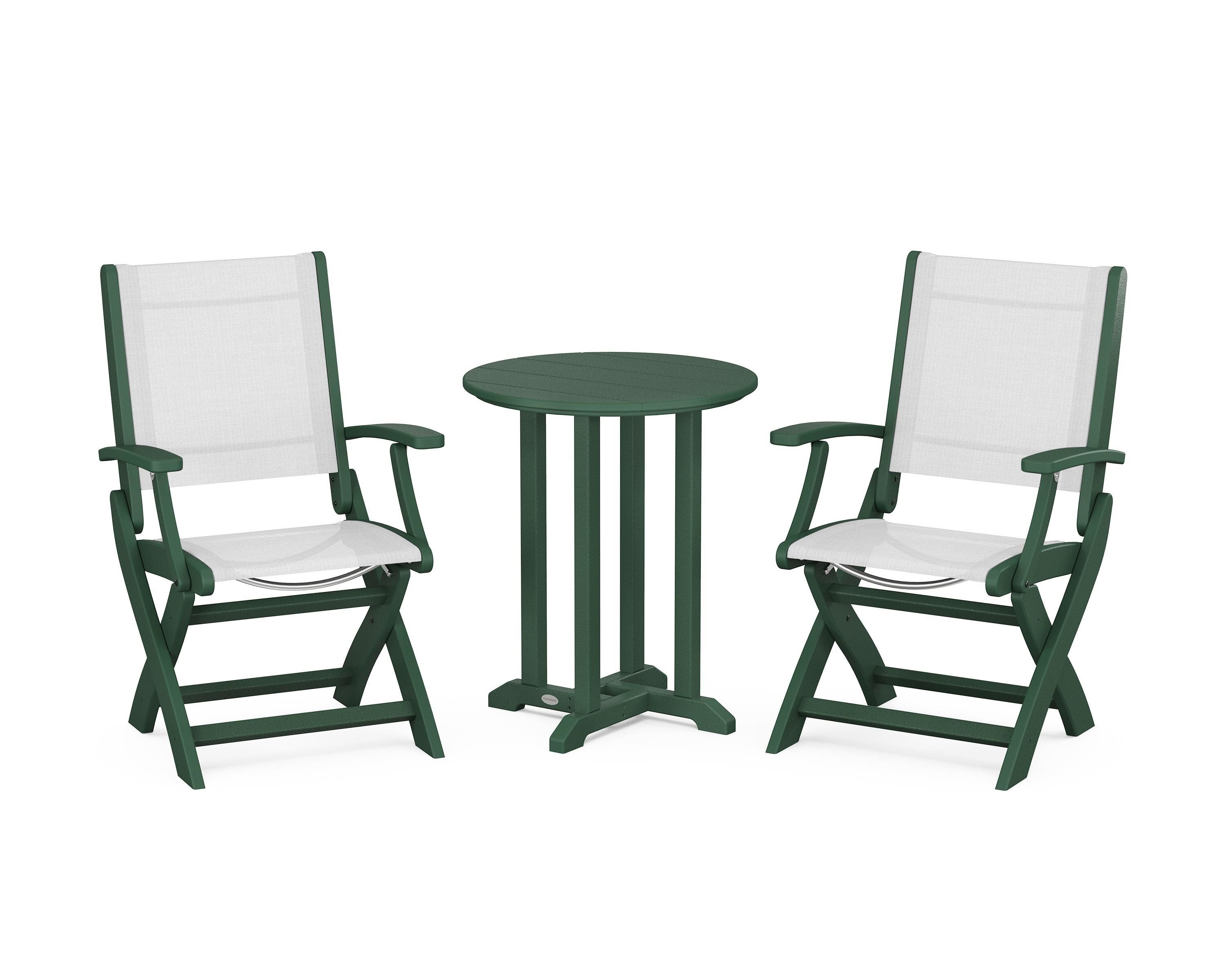 POLYWOOD® Coastal Folding 3-Piece Round Bistro Dining Set in Green / White Sling
