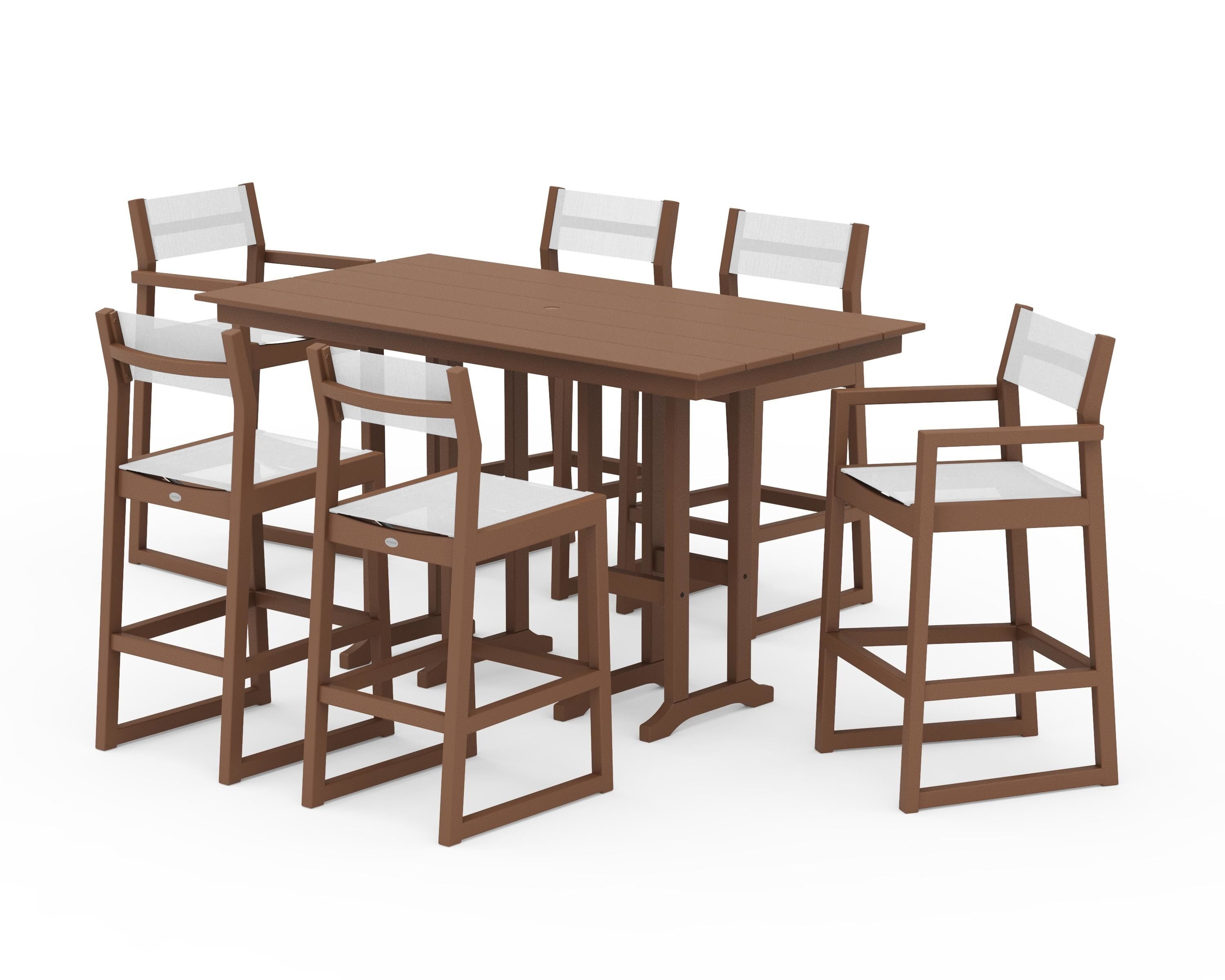 POLYWOOD® EDGE Sling 7-Piece Farmhouse Bar Set in Teak / White Sling