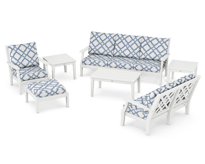 Country Living Wovendale 7-Piece Deep Seating Set in White / Trellis Sky Blue