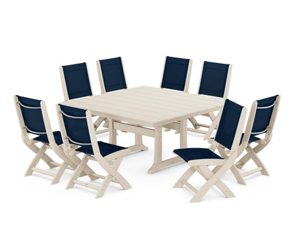 POLYWOOD® Coastal Folding Side Chair 9-Piece Farmhouse Dining Set in Sand / Navy Blue Sling