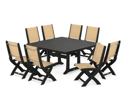 POLYWOOD® Coastal Folding Side Chair 9-Piece Dining Set with Trestle Legs in Black / Dupioni Apricot Sling