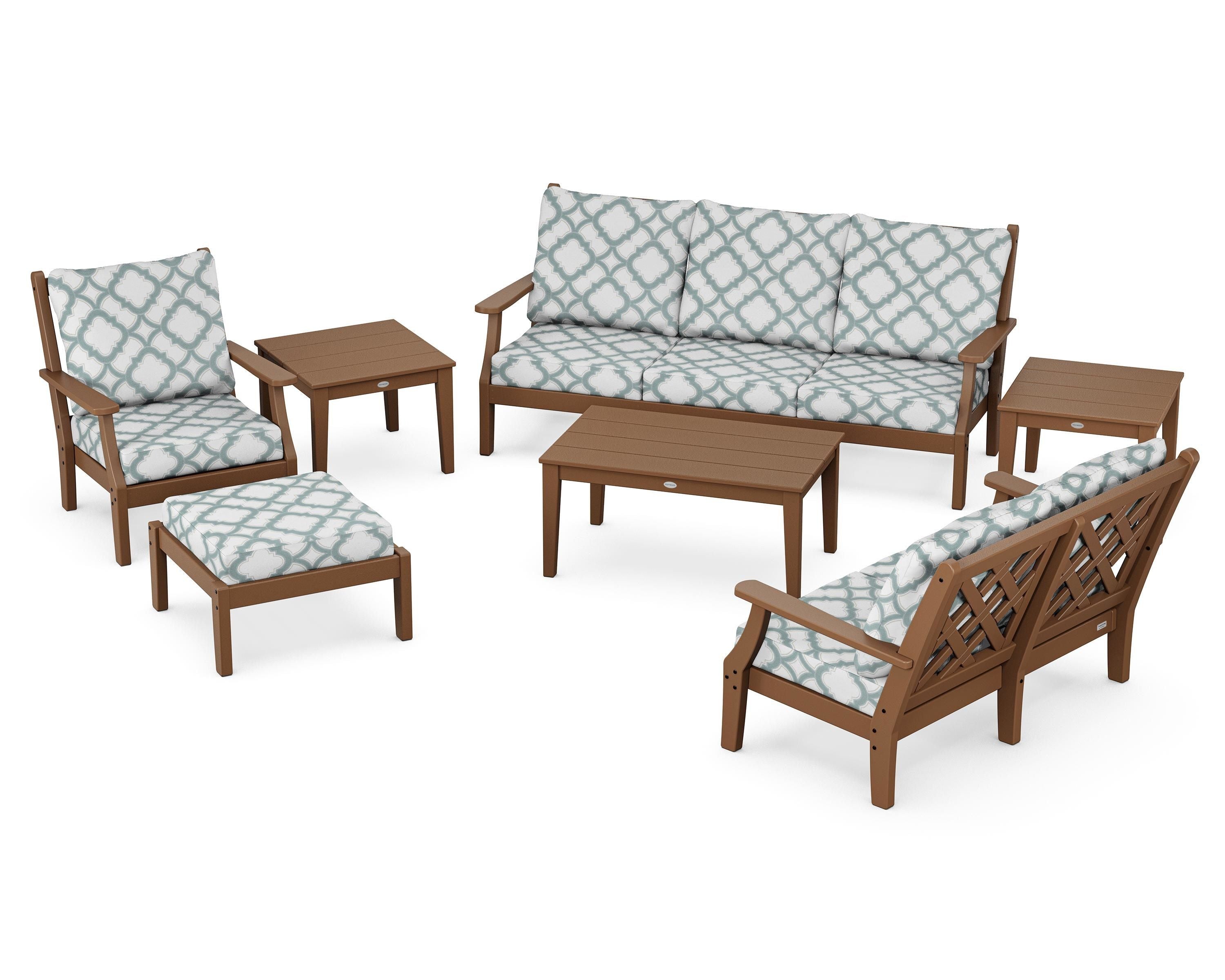 Country Living Wovendale 7-Piece Deep Seating Set in Teak / Trellis Glacier Spa