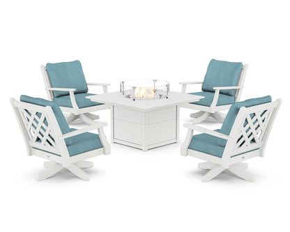Country Living Wovendale 5-Piece Deep Seating Swivel Conversation Set with Fire Pit Table in White / Lattice Sky Blue