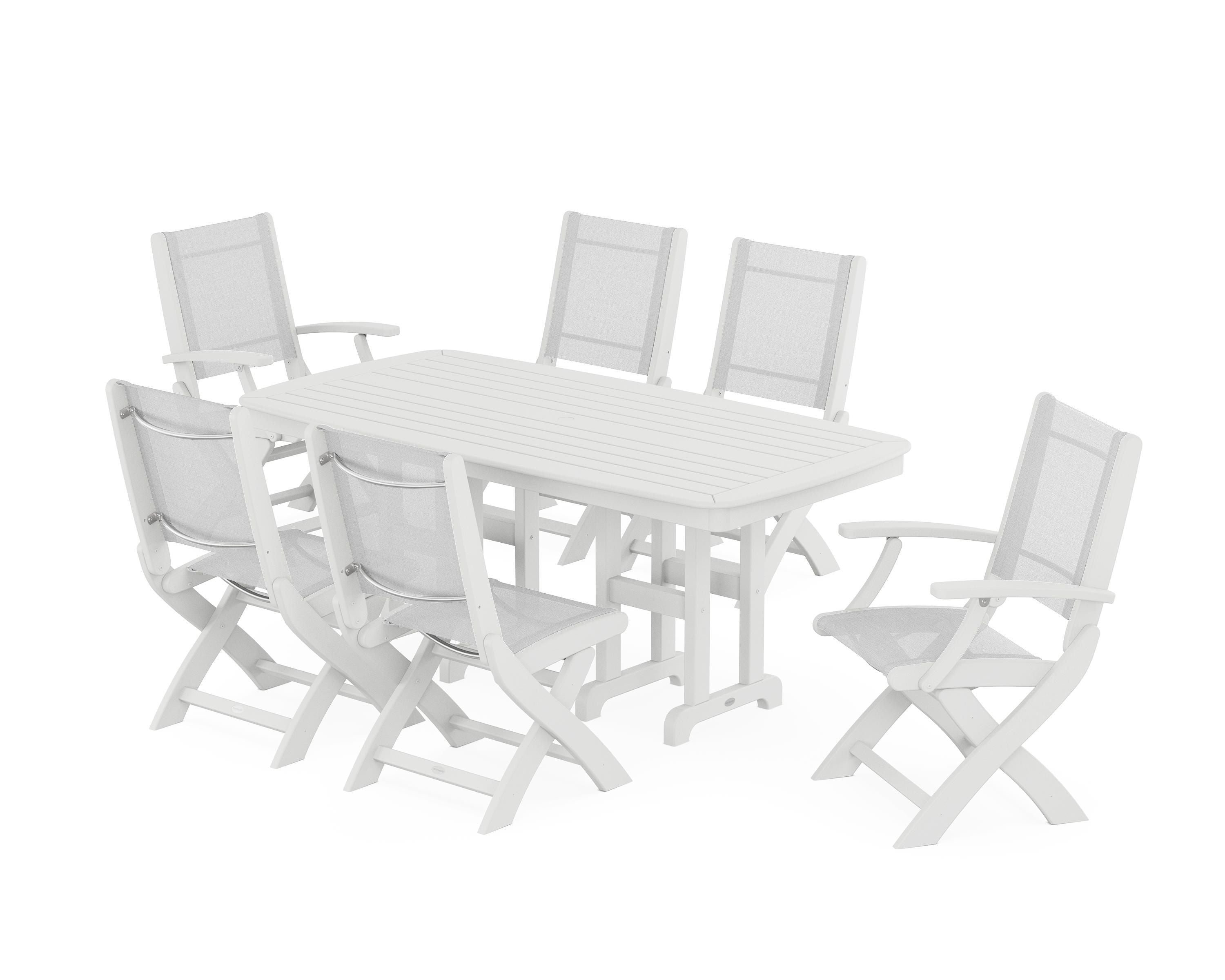 POLYWOOD® Coastal Folding Chair 7-Piece Dining Set in White / White Sling