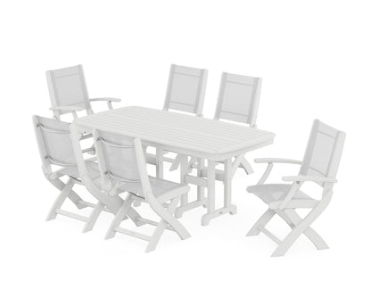 POLYWOOD® Coastal Folding Chair 7-Piece Dining Set in White / White Sling