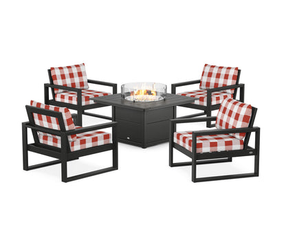 POLYWOOD® EDGE Sectional 5-Piece Deep Seating Set with Fire Pit Table in Black / Buffalo Plaid Crimson