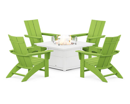 POLYWOOD® Modern Curveback Adirondack 5-Piece Conversation Set with Fire Pit Table in Lime / White