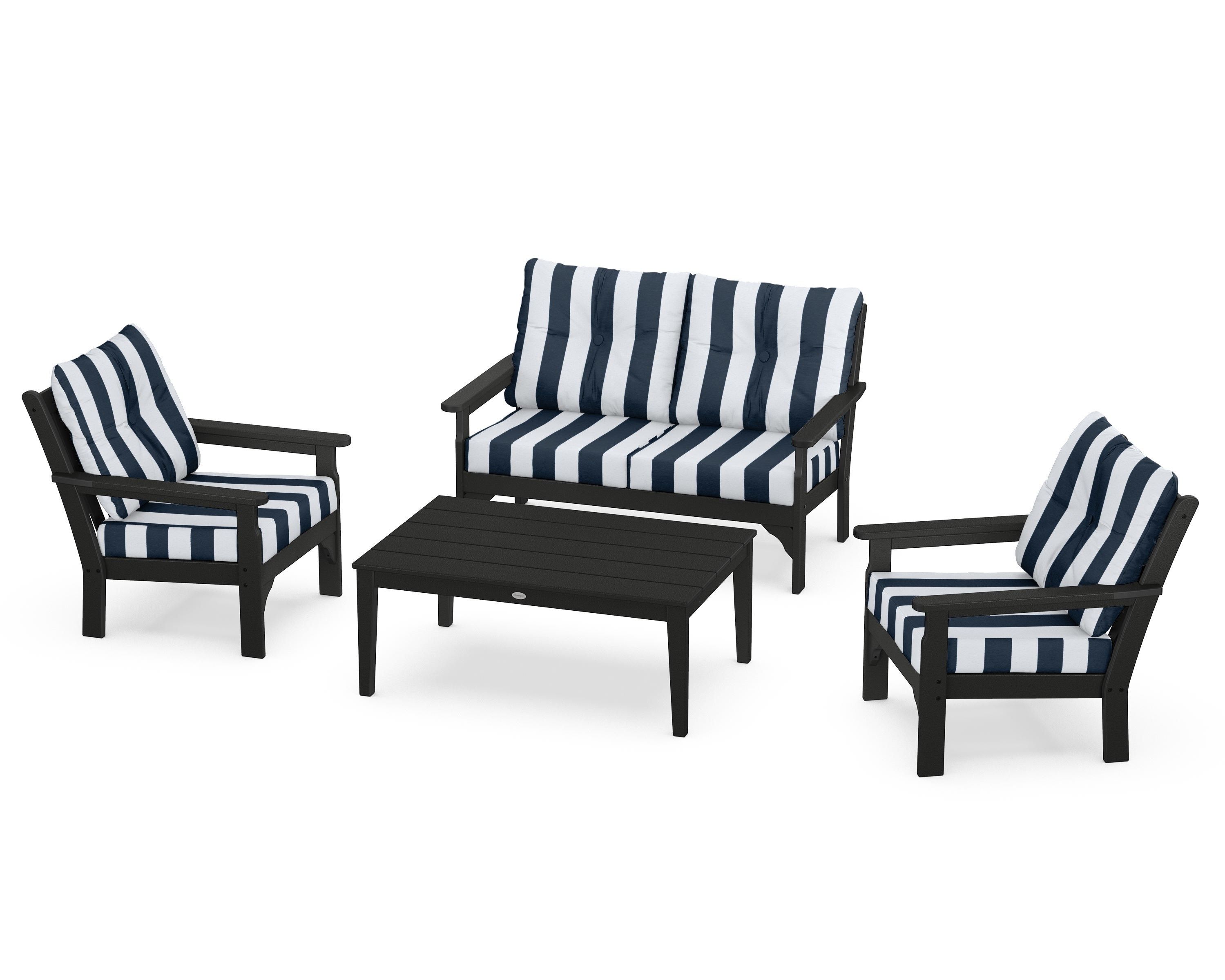 POLYWOOD® Vineyard 4-Piece Deep Seating Set in Black / Cabana Stripe Marine Indigo