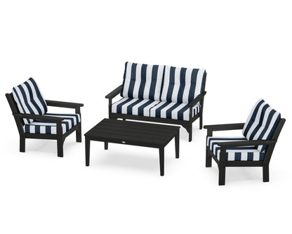 POLYWOOD® Vineyard 4-Piece Deep Seating Set in Black / Cabana Stripe Marine Indigo