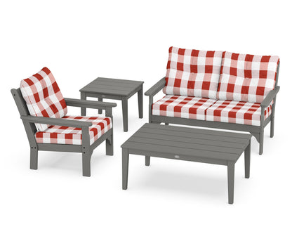 POLYWOOD® Vineyard 4-Piece Deep Seating Set in Slate Grey / Buffalo Plaid Crimson