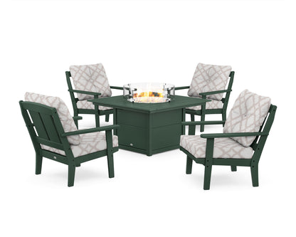 POLYWOOD® Mission 5-Piece Deep Seating Set with Fire Pit Table in Green / Trellis Dune Burlap