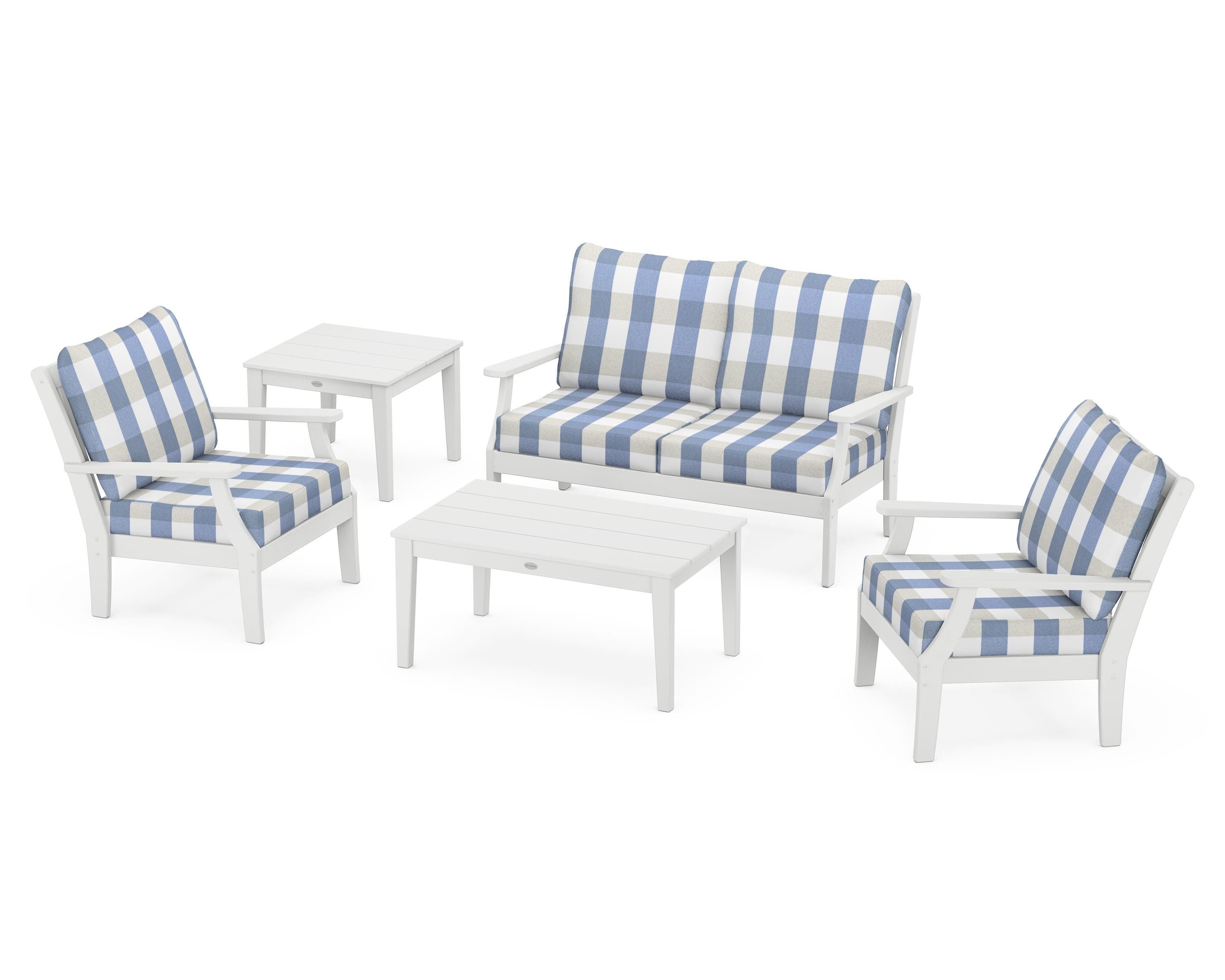 POLYWOOD® Braxton 5-Piece Deep Seating Set in White / Buffalo Plaid Sky Blue
