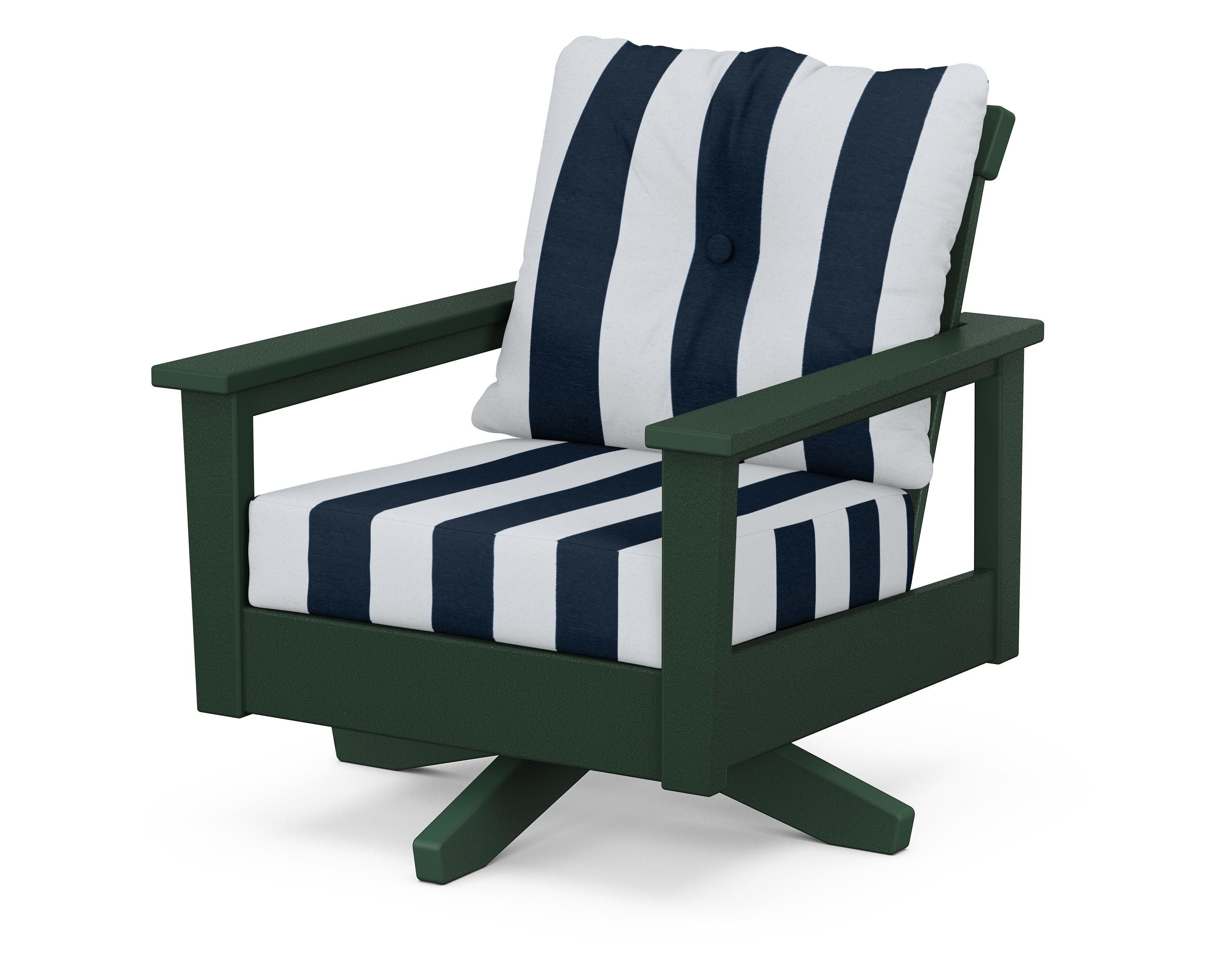 POLYWOOD® Prescott Deep Seating Swivel Chair in Green / Cabana Stripe Marine Indigo