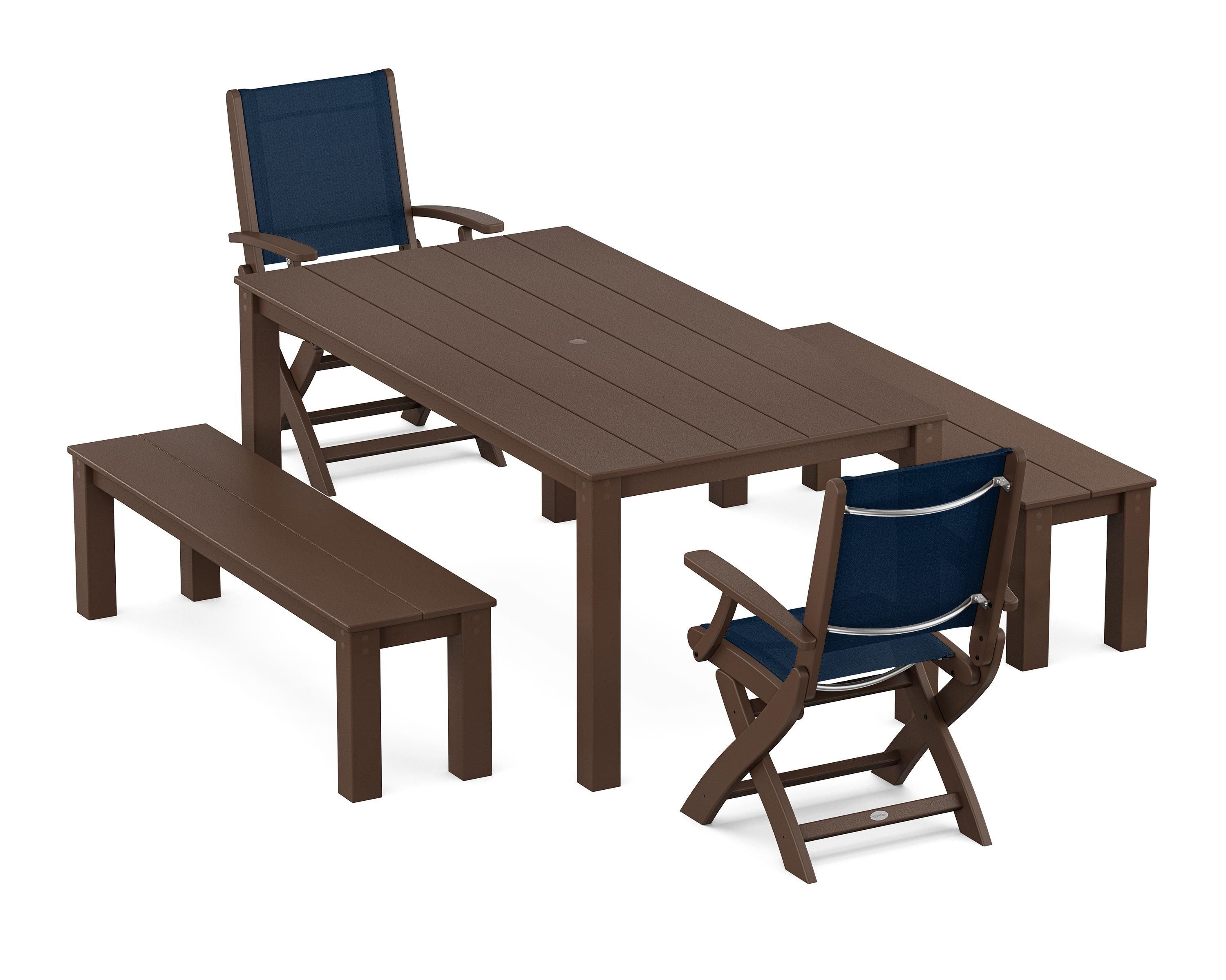 POLYWOOD® Coastal Folding Chair 5-Piece Parsons Dining Set with Benches in Mahogany / Navy Blue Sling