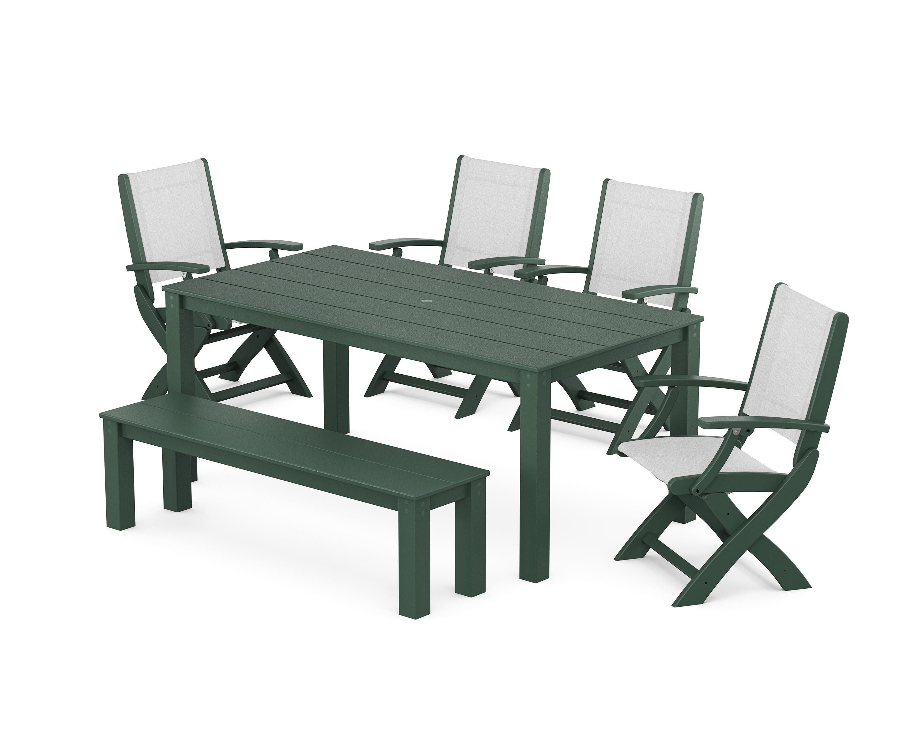 POLYWOOD® Coastal Folding Chair 6-Piece Parsons Dining Set with Bench in Green / White Sling