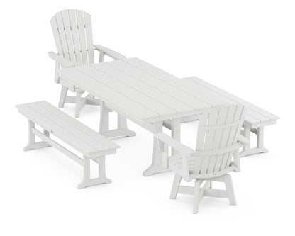POLYWOOD® Nautical Curveback Adirondack Swivel Chair 5-Piece Farmhouse Dining Set With Trestle Legs and Benches in White