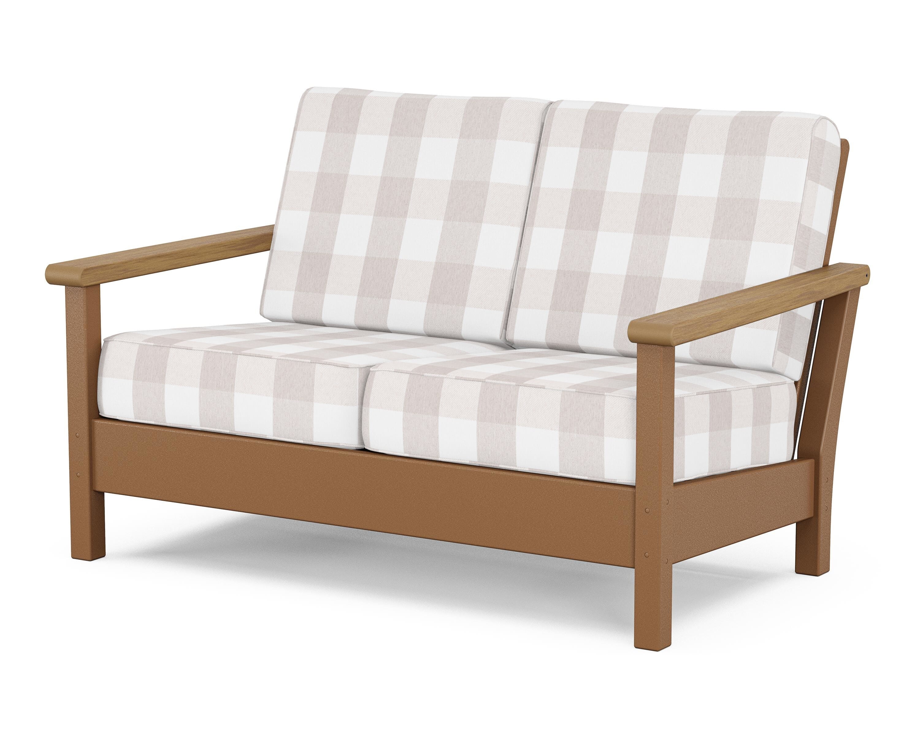 POLYWOOD® Harbour Deep Seating Loveseat in Teak / Natural / Buffalo Plaid Dune Burlap