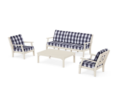 Martha Stewart by POLYWOOD® Chinoiserie 4-Piece Deep Seating Set with Sofa in Sand / Buffalo Plaid Navy
